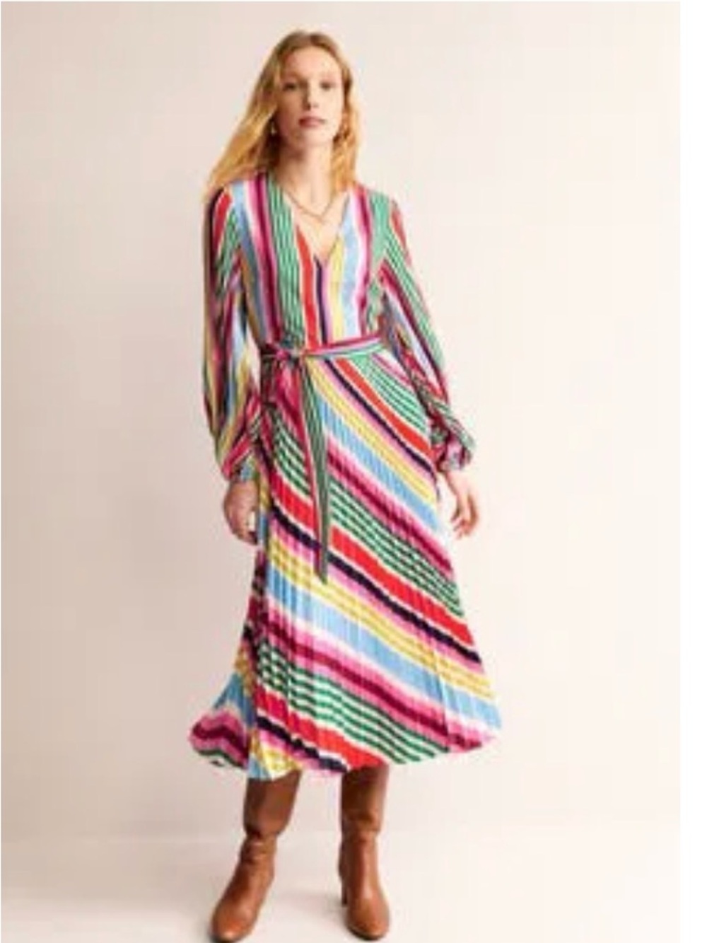 Boden Multicolor Striped Midi Dress - Pink, Green, Blue, Yellow, Red